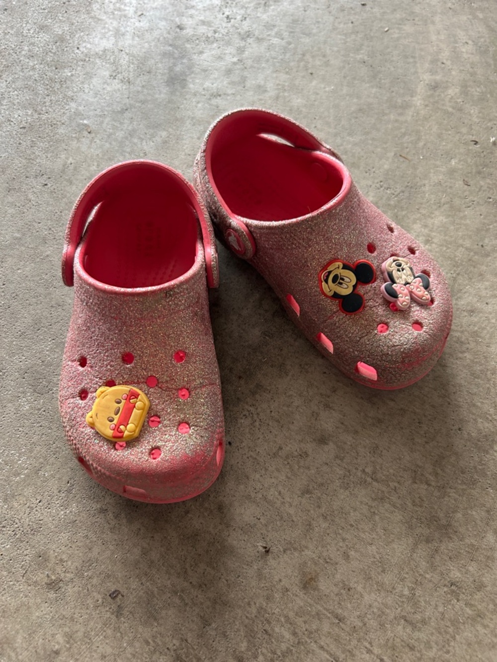 CROCS Kids Glitter Pink Clogs with Mickey & Friends Charms